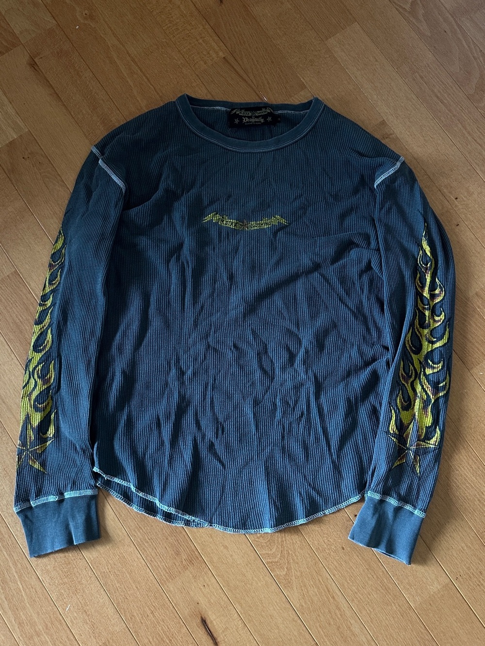 Vintage Long Sleeve Thermal Shirt with Yellow Flame Sleeves